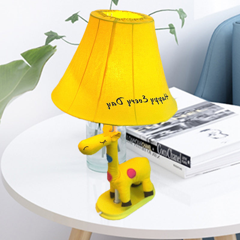 Flared Script-Print Fabric Table Night Lamp For Kids With Giraffe Base - Single-Bulb