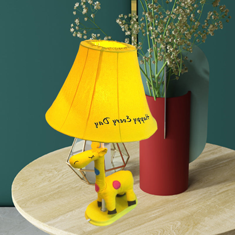 Flared Script-Print Fabric Table Night Lamp For Kids With Giraffe Base - Single-Bulb