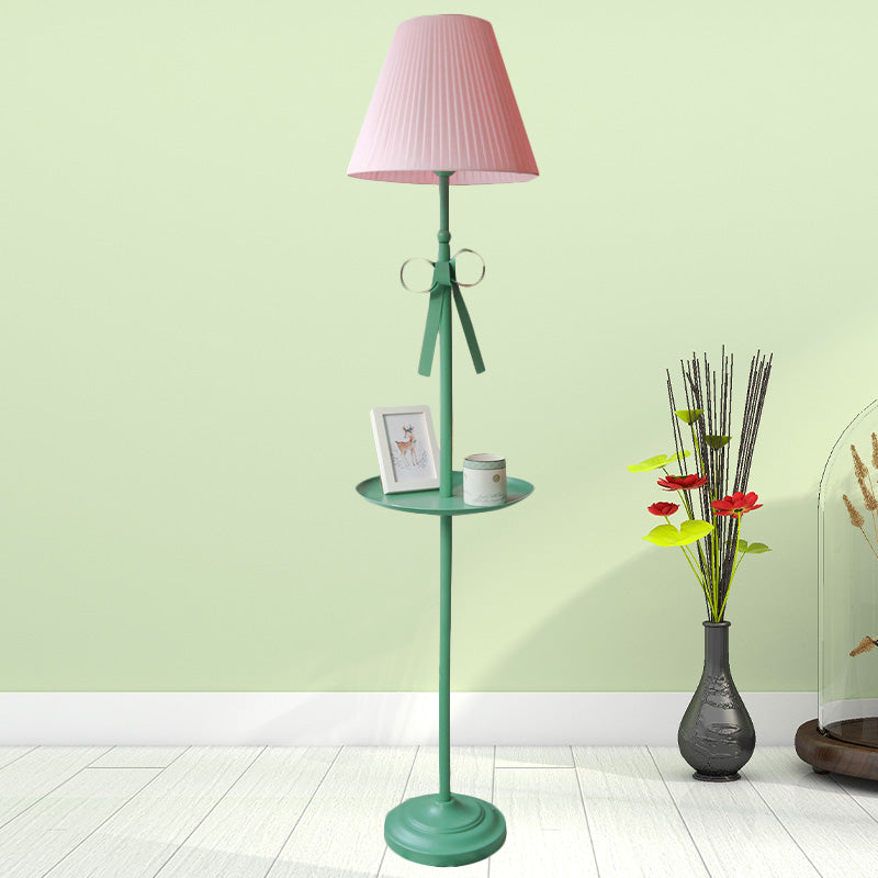 Kids Iron Single Green Floor Lamp With Pleated Beige/Pink Shade - Ribbon Standing Light