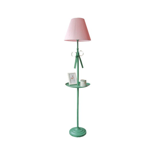 Kids Iron Single Green Floor Lamp With Pleated Beige/Pink Shade - Ribbon Standing Light