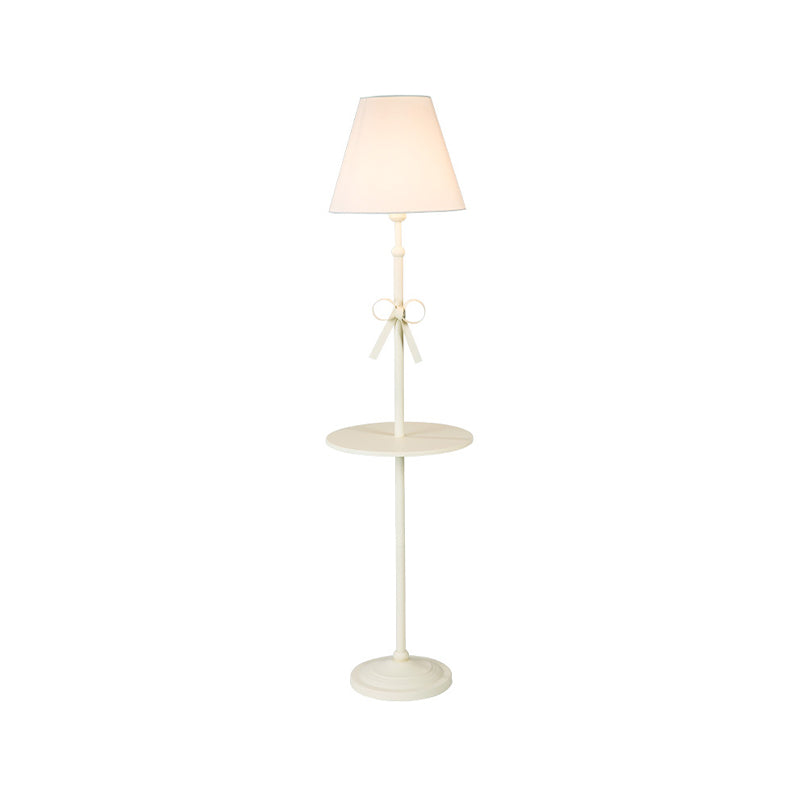 Fabric Conic Floor Standing Lamp For Kids - Single Beige/Pink Lighting With Table And Bow-Knot