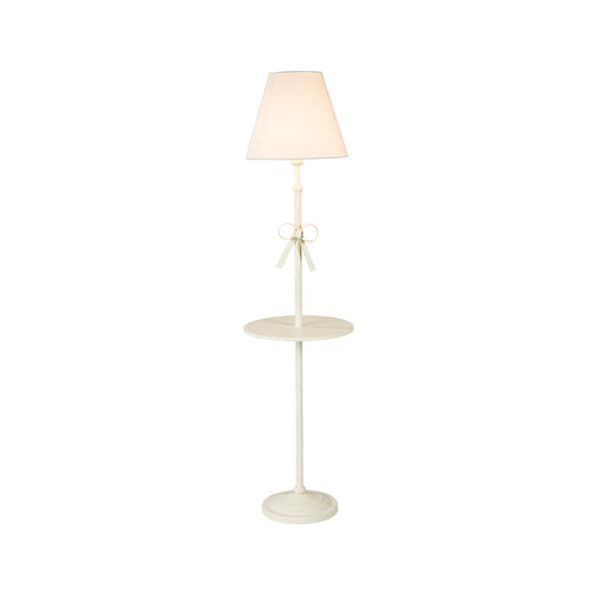 Fabric Conic Floor Standing Lamp For Kids - Single Beige/Pink Lighting With Table And Bow-Knot