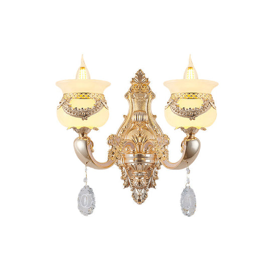 Traditional Jade Wall Sconce Lamp - Gold Candlestick Design With Dangling Crystals 1/2-Light Living