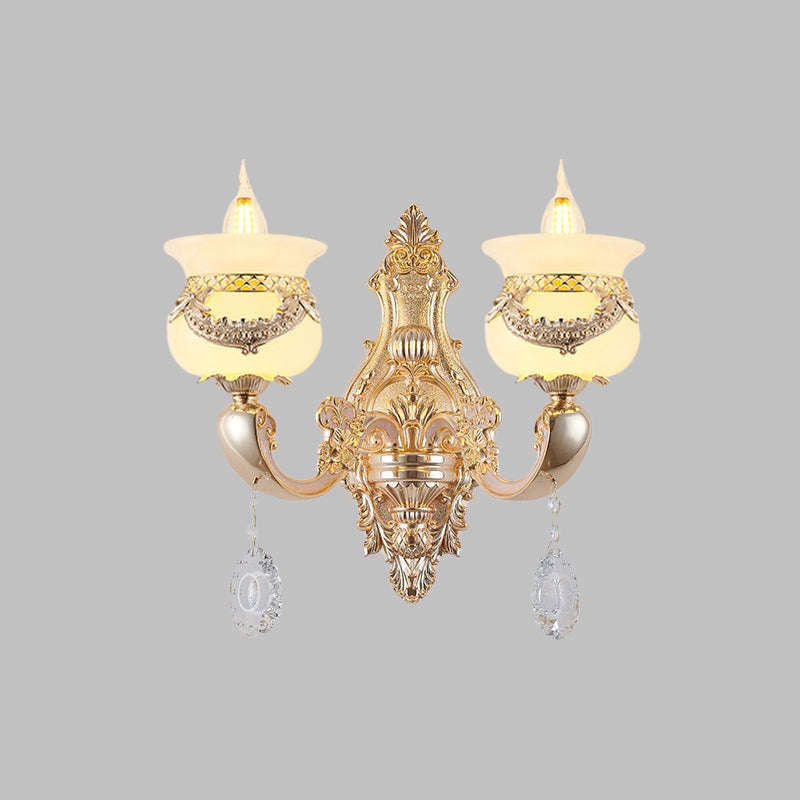 Traditional Jade Wall Sconce Lamp - Gold Candlestick Design With Dangling Crystals 1/2-Light Living