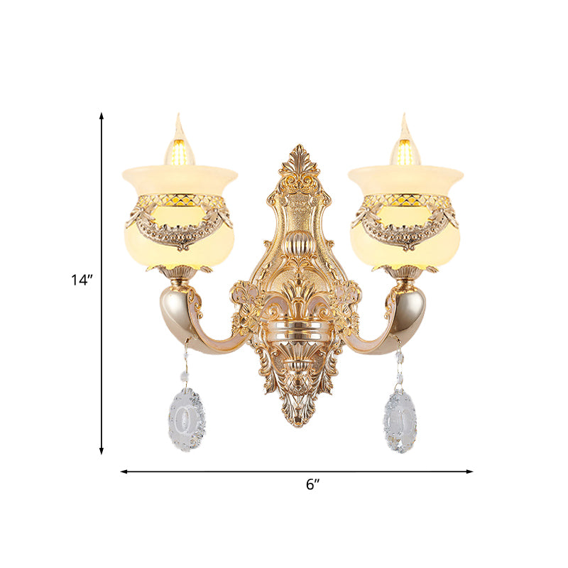 Traditional Jade Wall Sconce Lamp - Gold Candlestick Design With Dangling Crystals 1/2-Light Living