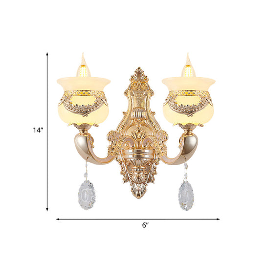 Traditional Jade Wall Sconce Lamp - Gold Candlestick Design With Dangling Crystals 1/2-Light Living