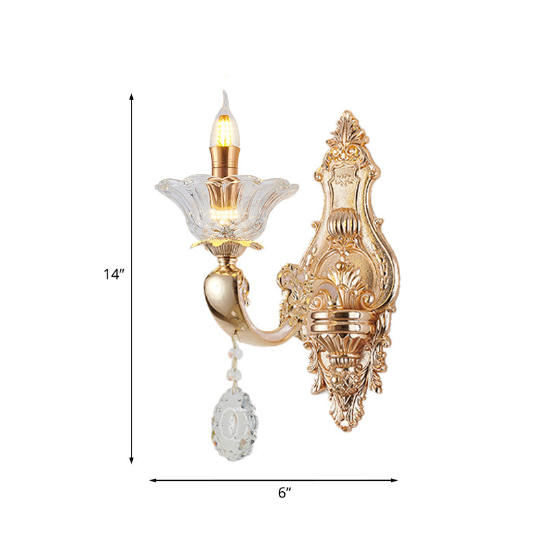 Vintage Crystal Glass Wall Sconce Light With Gold Finish - Retro Candlestick Mounted Half Bulb