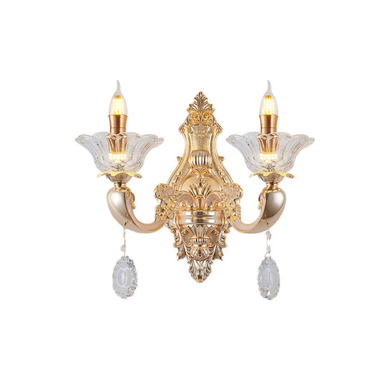 Vintage Crystal Glass Wall Sconce Light With Gold Finish - Retro Candlestick Mounted Half Bulb