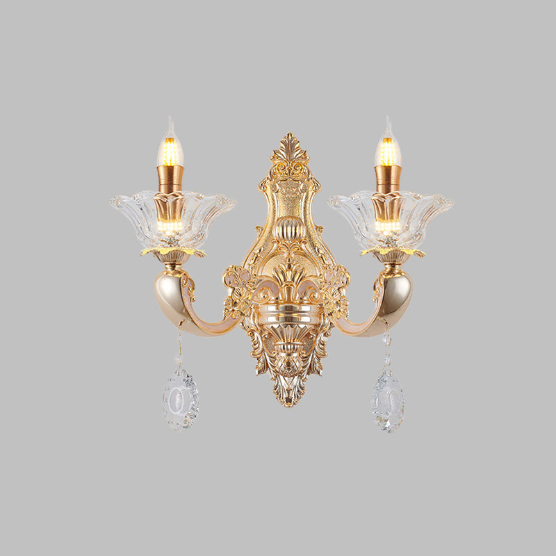 Vintage Crystal Glass Wall Sconce Light With Gold Finish - Retro Candlestick Mounted Half Bulb