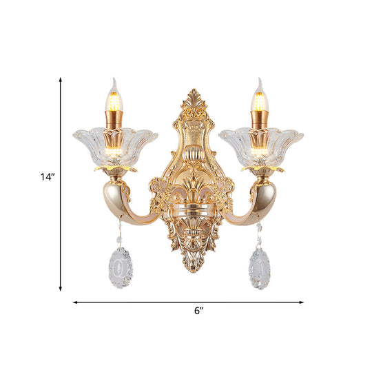 Vintage Crystal Glass Wall Sconce Light With Gold Finish - Retro Candlestick Mounted Half Bulb