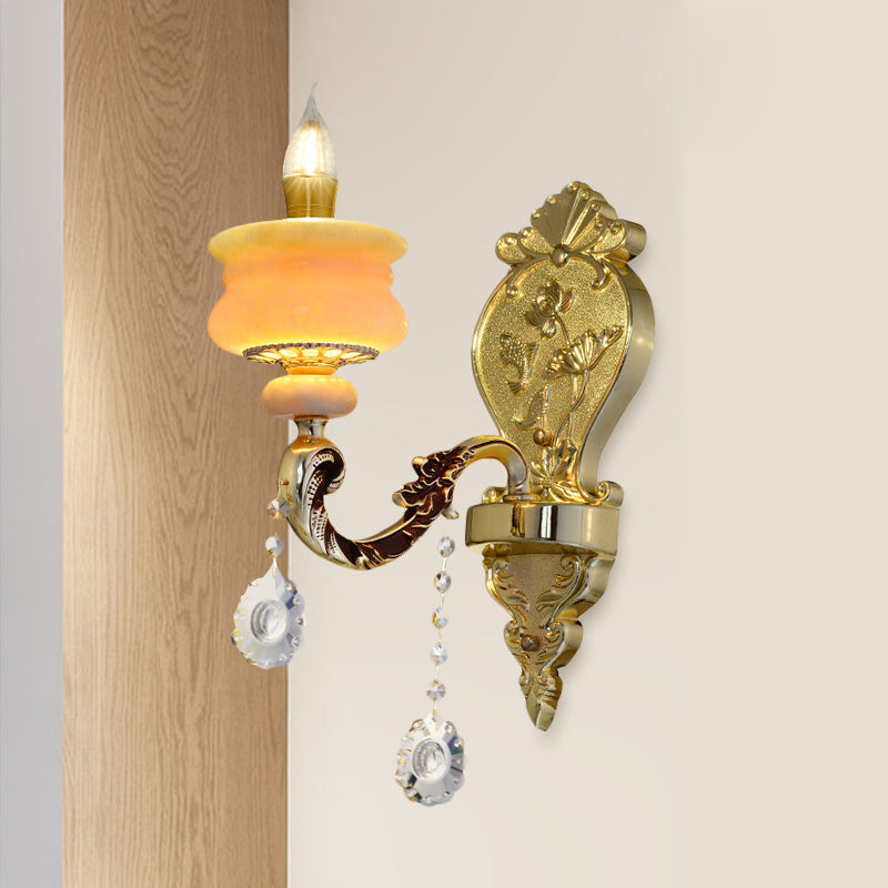 Traditional Gold Jade Candelabra Wall Lamp With Crystal Drop - Mounted Light Fixture