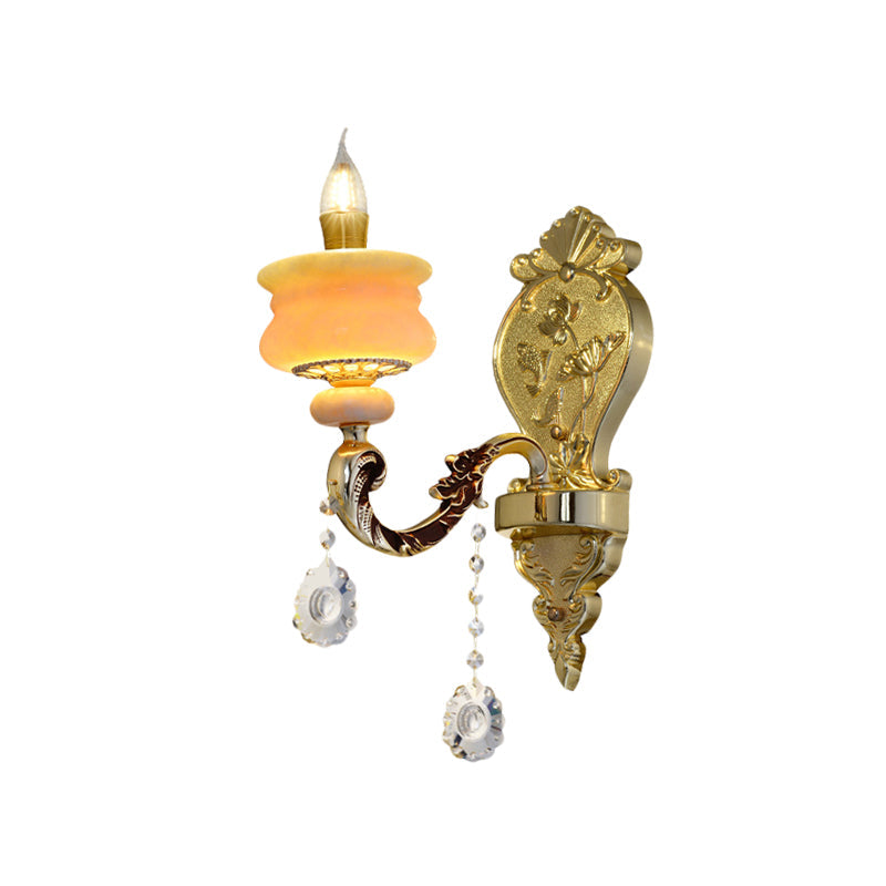 Traditional Gold Jade Candelabra Wall Lamp With Crystal Drop - Mounted Light Fixture