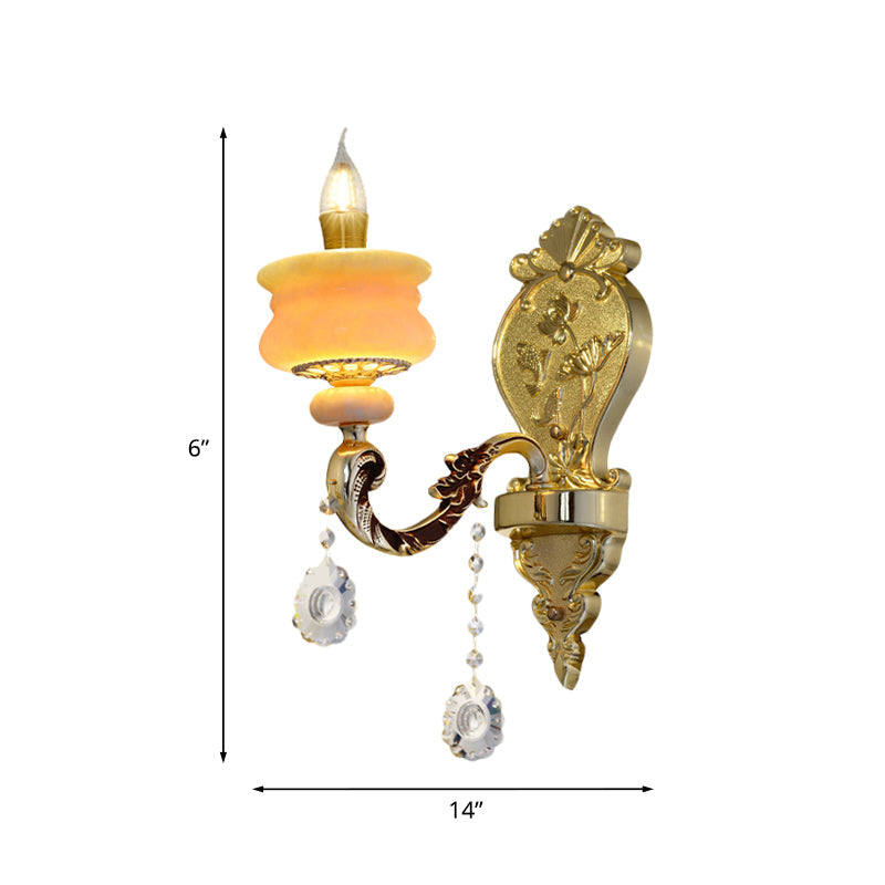 Traditional Gold Jade Candelabra Wall Lamp With Crystal Drop - Mounted Light Fixture