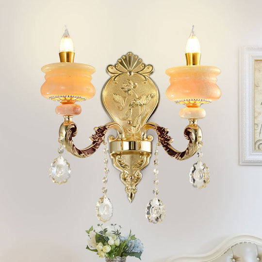 Traditional Gold Jade Candelabra Wall Lamp With Crystal Drop - Mounted Light Fixture 2 /