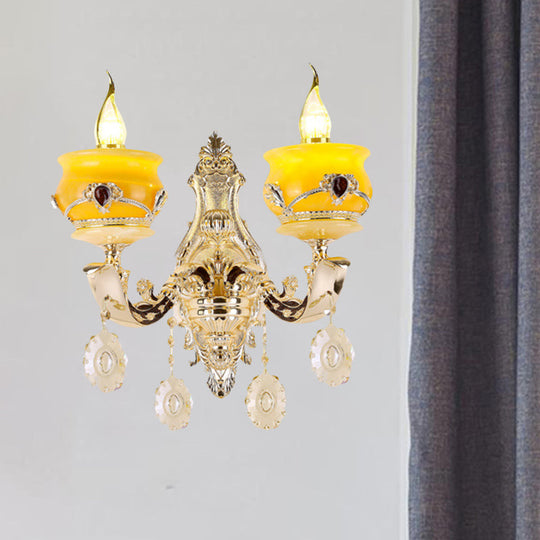 Vintage Gold Wall Sconce With Crystal Drop - Candlestick Jade Lamp For Bedroom 2 /