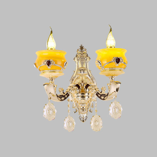 Vintage Gold Wall Sconce With Crystal Drop - Candlestick Jade Lamp For Bedroom