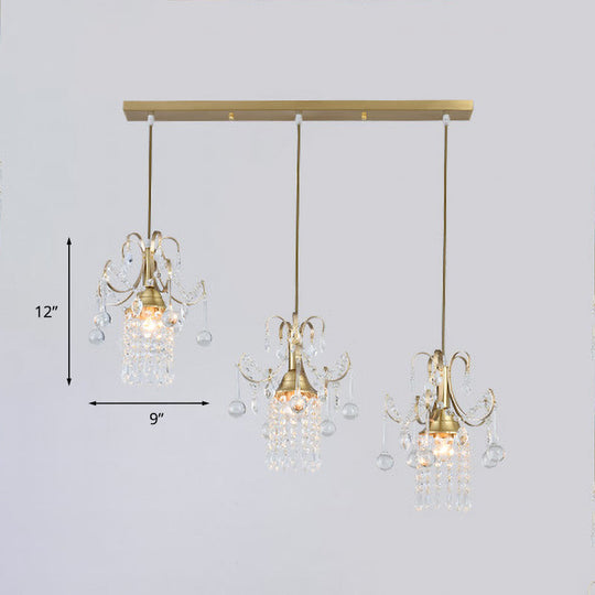 Gold Postmodern Rain Cluster Pendant Light With Clear K9 Crystal - 3 Bulb Suspension Lamp For Dining