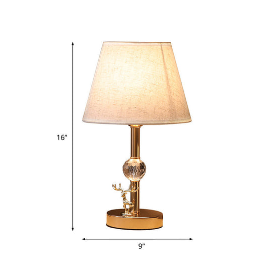 Minimalist Gold Cone Table Lamp With Fabric Shade And Crystal Deer Decoration