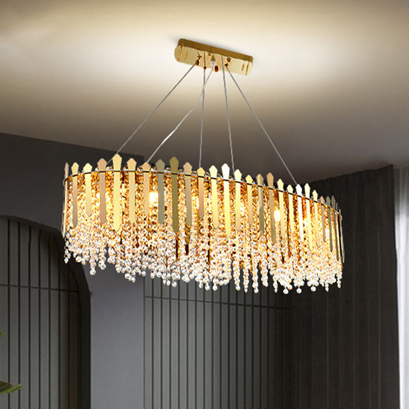 14-Light Gold Elliptical Island Pendant With Clear Crystal Beads - Luxurious Hanging Light Fixture