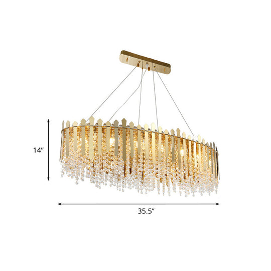 14-Light Gold Elliptical Island Pendant With Clear Crystal Beads - Luxurious Hanging Light Fixture