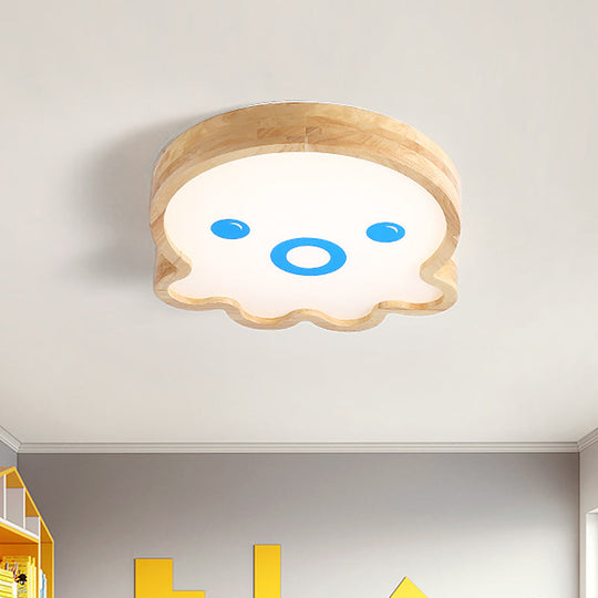 Wood LED Octopus Flushmount Lamp - Little Cartoon Style in Warm/White Light