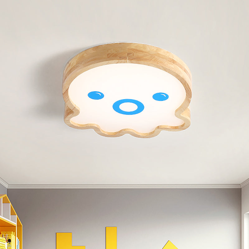 Wood Led Octopus Flushmount Lamp - Little Cartoon Style In Warm/White Light / Warm