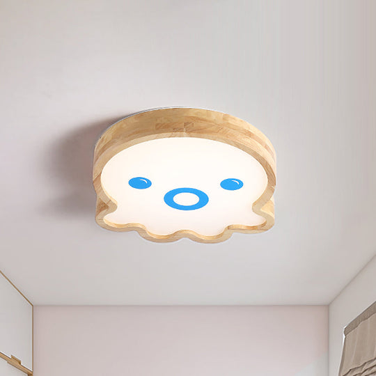 Wood LED Octopus Flushmount Lamp - Little Cartoon Style in Warm/White Light