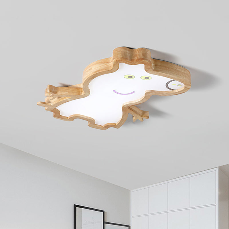 Cartoon Pig Wood LED Ceiling Lamp for Kids Room in White/Warm Light