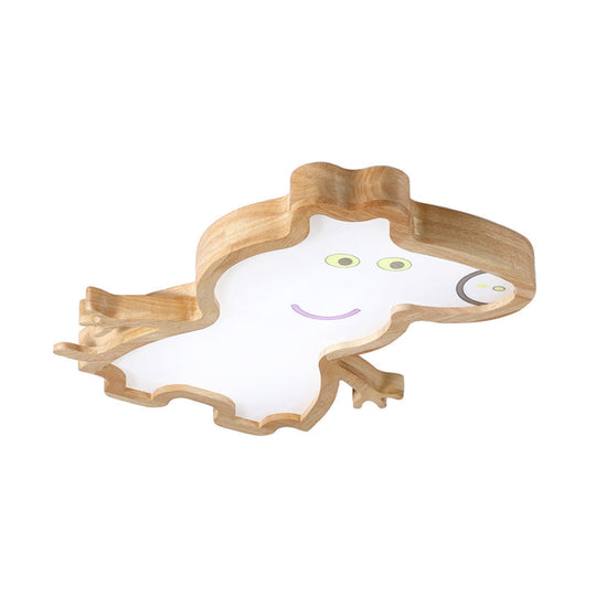 Cartoon Pig Wood Led Ceiling Lamp For Kids Room In White/Warm Light