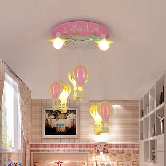 Cartoon Wooden Hot Air Balloon Semi Flush Ceiling Light with 5 Bulbs for Nursery