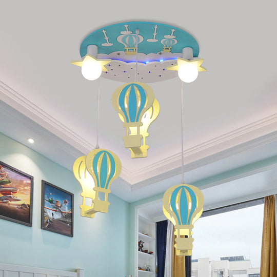 Cartoon Wooden Hot Air Balloon Semi Flush Ceiling Light with 5 Bulbs for Nursery