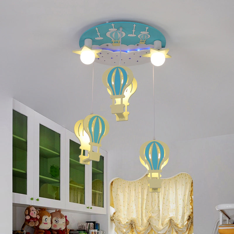 Cartoon Wooden Hot Air Balloon Semi Flush Ceiling Light with 5 Bulbs for Nursery