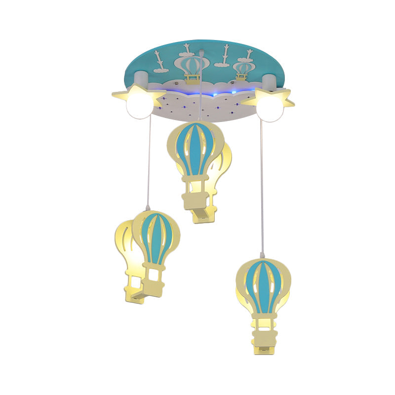 Cartoon Wooden Hot Air Balloon Semi Flush Ceiling Light with 5 Bulbs for Nursery