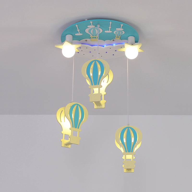 Cartoon Wooden Hot Air Balloon Semi Flush Ceiling Light with 5 Bulbs for Nursery