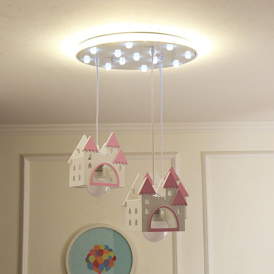 Semi Mount Wooden House Cartoon Flush Mount Light with 3 Lights - White Nursery Fixture