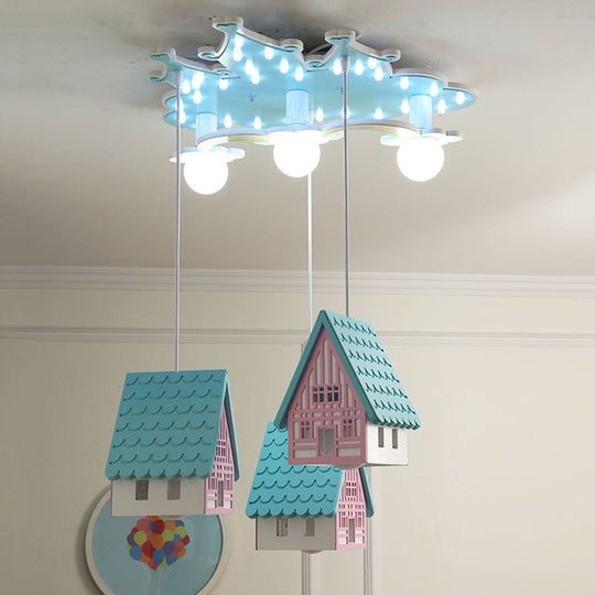 Kids' Cartoon Flushmount Lighting: Blue Semi Flush Mount Wooden 3-Bulb Fixture for Bedroom