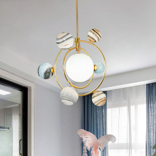 Nordic Gold Chandelier With 7-Light Nursery Pendant And Frosted Glass Shade