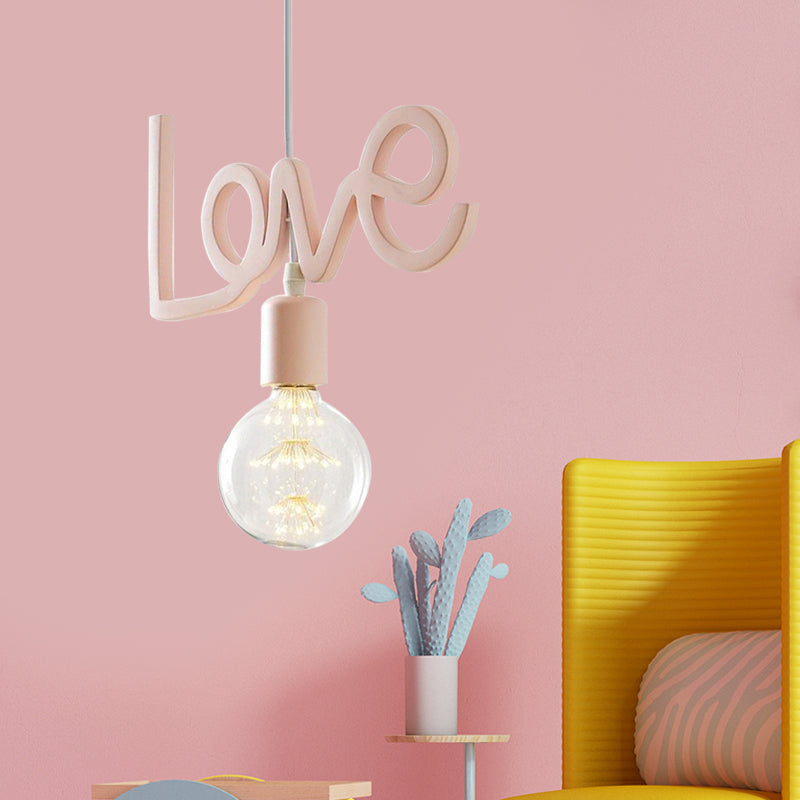 Macaroon Pink Resin Pendant Lamp With Letter Design - Bare Bulb Drop For Living Room