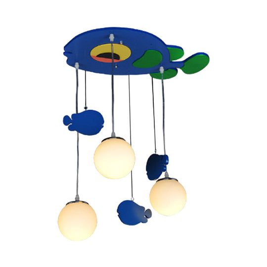 Blue Fish Wooden Pendant Light With Multi Bulbs And White Glass Shade For Kids