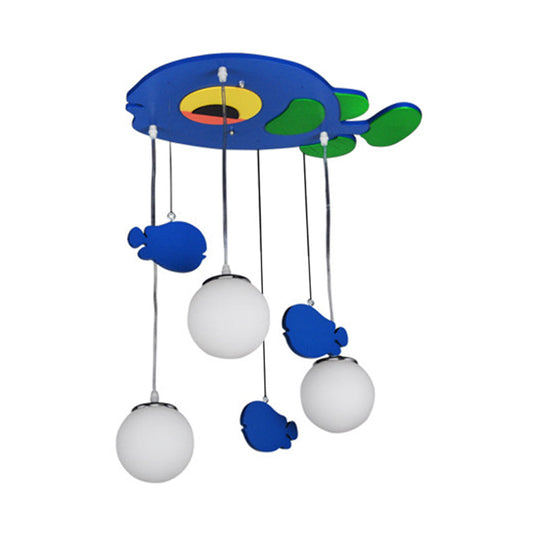 Blue Fish Wooden Pendant Light With Multi Bulbs And White Glass Shade For Kids