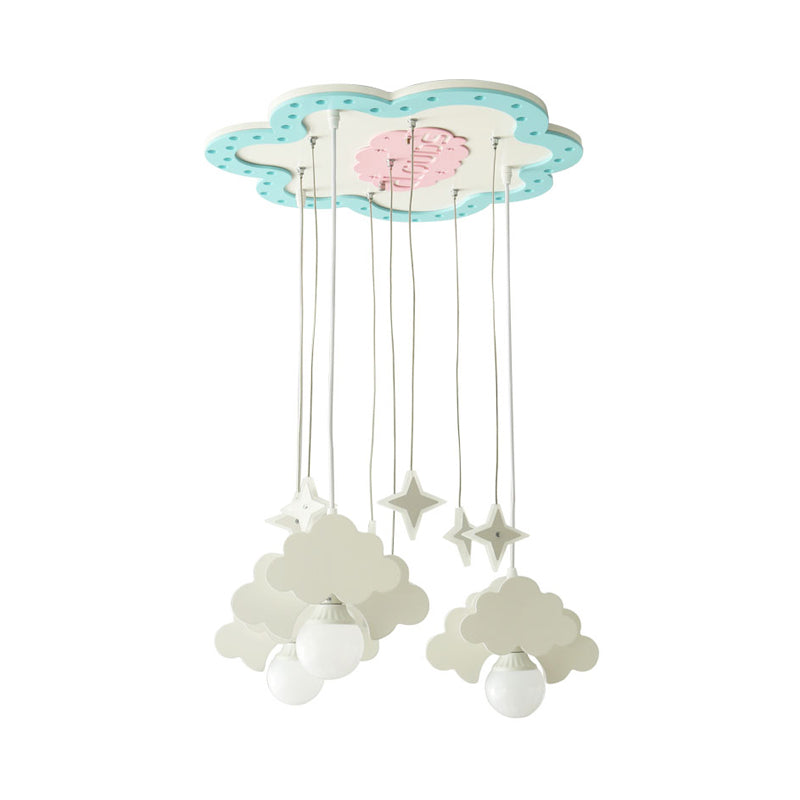 Blue & White Wooden Cloud Pendant Light With 3 Bulbs For Nursery