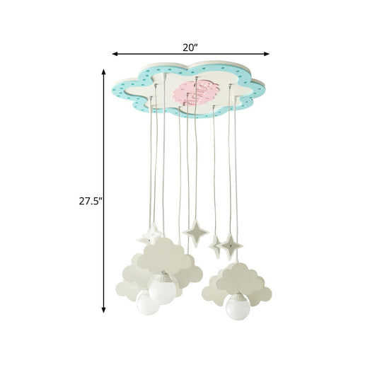 Blue & White Wooden Cloud Pendant Light With 3 Bulbs For Nursery