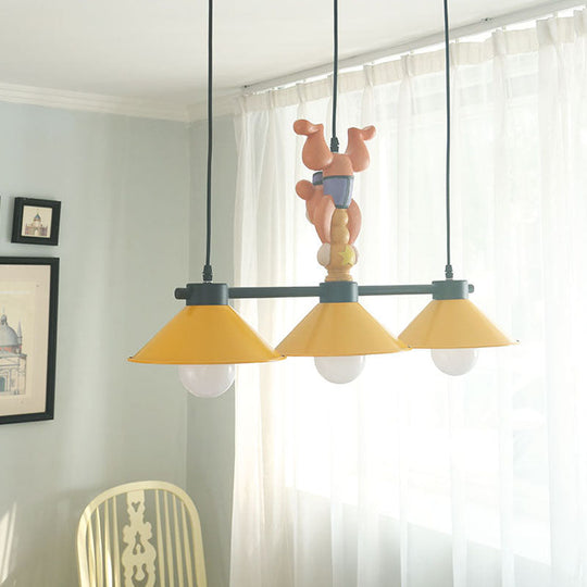 3-Head Yellow Cone Pendant Lamp With Monkey Décor For Island Lighting