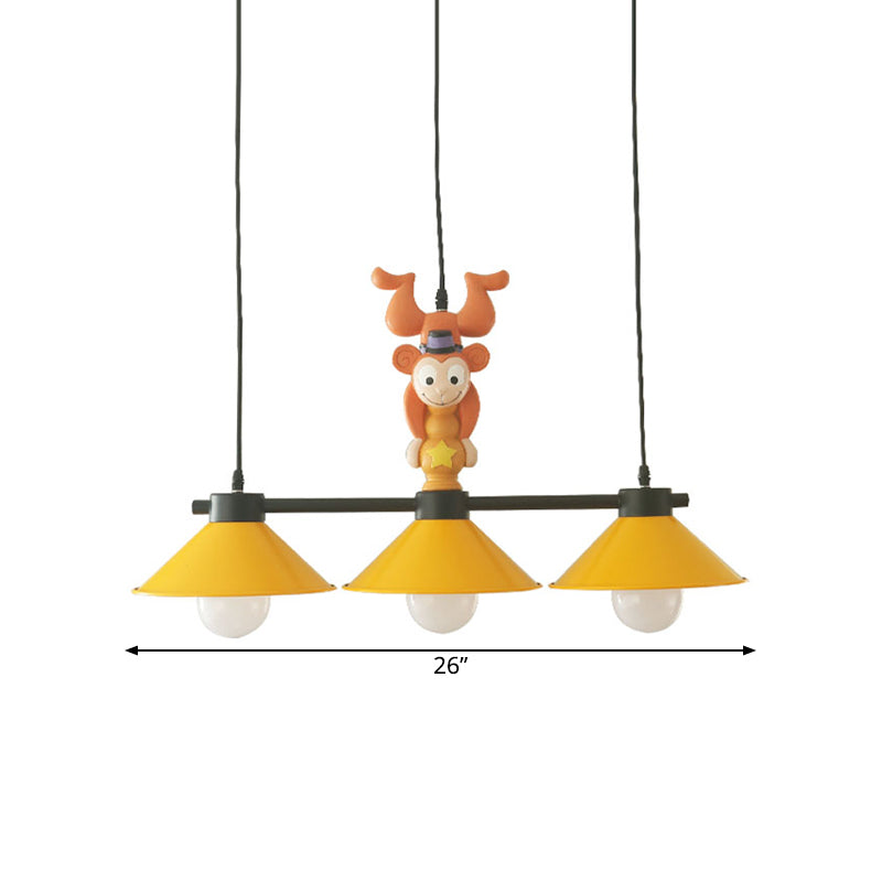 3-Head Yellow Cone Pendant Lamp With Monkey Décor For Island Lighting