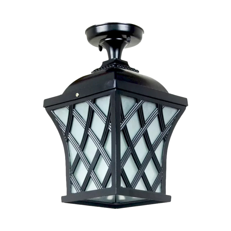 Opal Glass Lantern Semi Flush Mount Country Balcony Light in Black/Bronze - Metal X-Frame, 1 Light