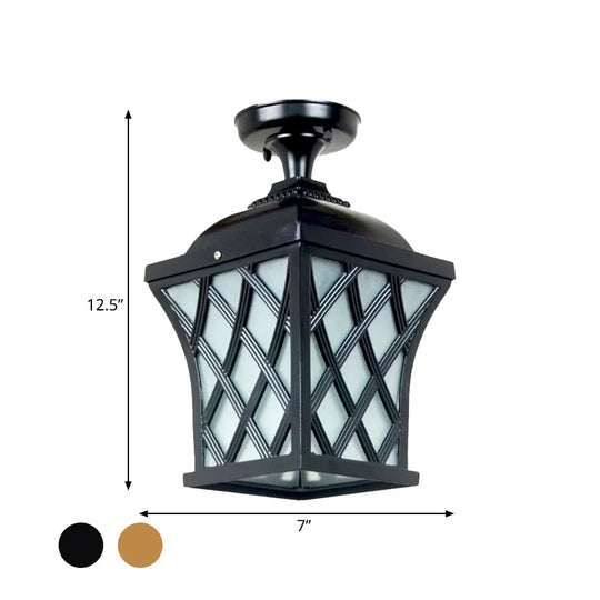 Opal Glass Lantern Semi Flush Mount Country Balcony Light in Black/Bronze - Metal X-Frame, 1 Light