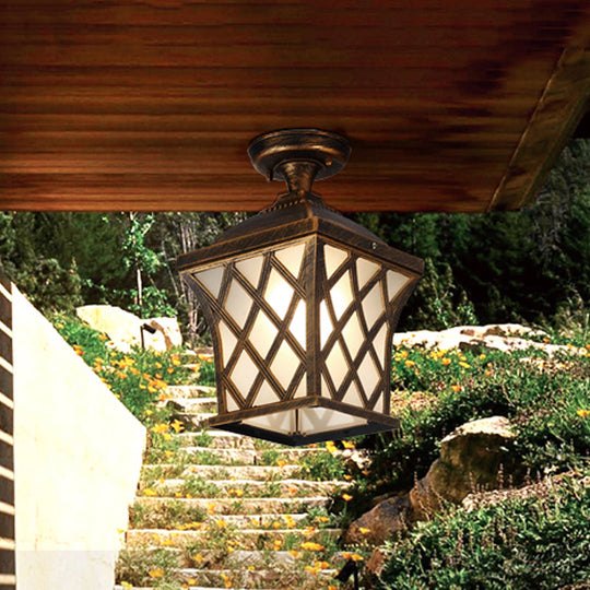 Opal Glass Lantern Semi Flush Mount Country Balcony Light in Black/Bronze - Metal X-Frame, 1 Light