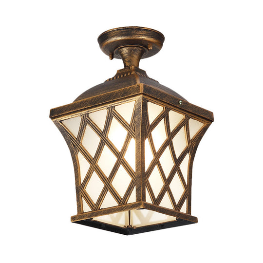 Opal Glass Lantern Semi Flush Mount Country Balcony Light in Black/Bronze - Metal X-Frame, 1 Light