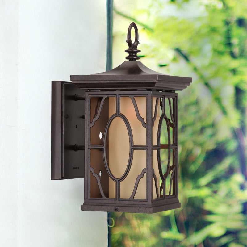 Metal Dark Coffee Wall Lantern With Frosted Glass Shade - Rural Sconce Light