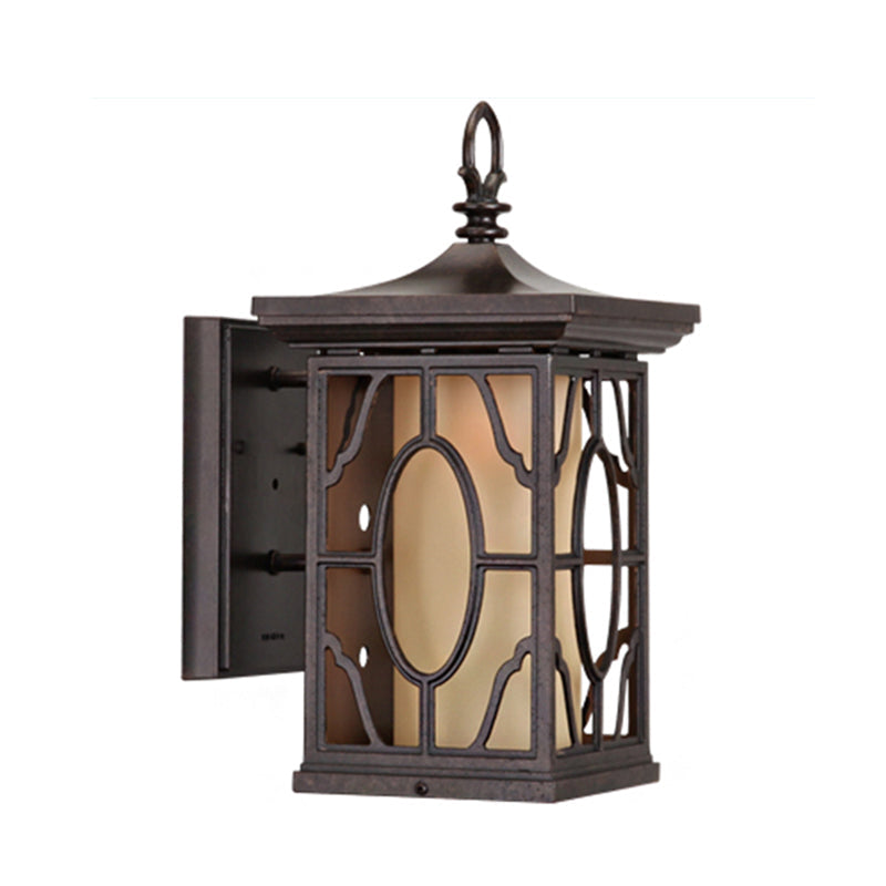 Metal Dark Coffee Wall Lantern With Frosted Glass Shade - Rural Sconce Light